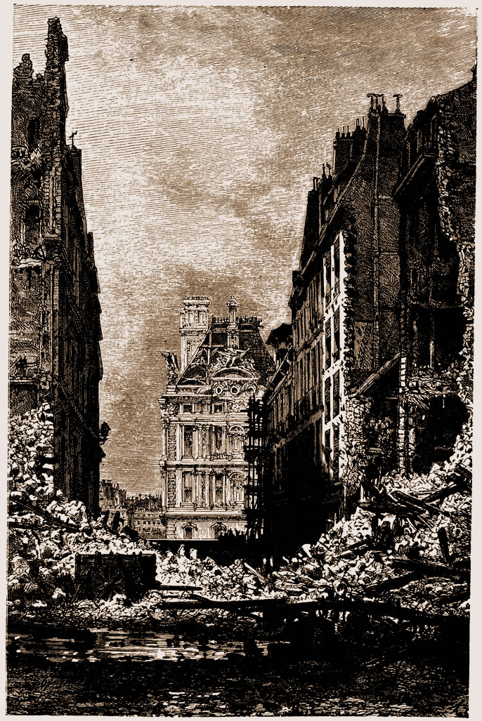 Vue du pavillon de Flore prise de la rue du Bac, apres les incendies de la commune, en 1871